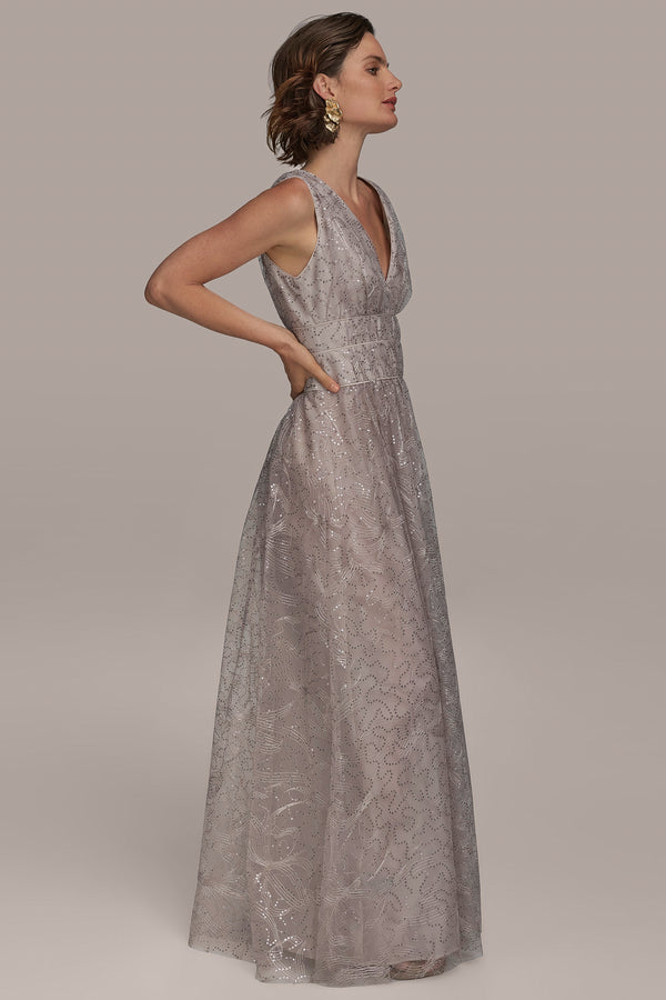 Donna Karan V NECK EMBROIDERED TULLE BALL GOWN SISAL