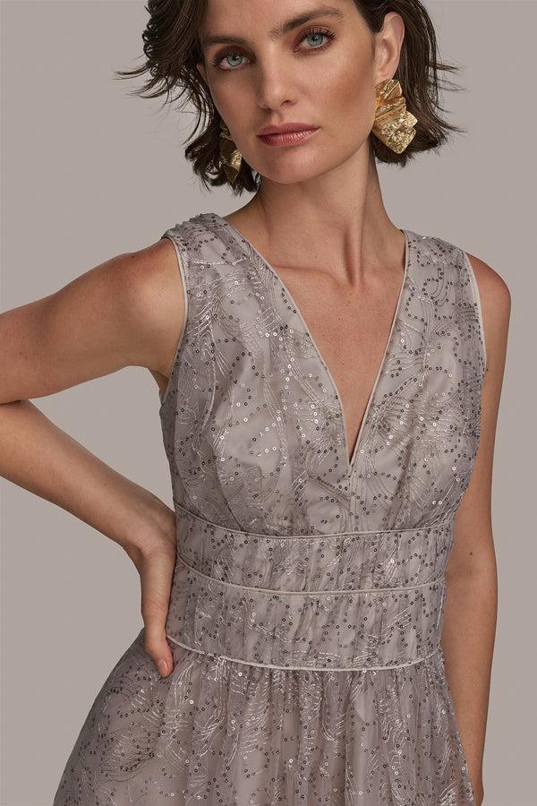 Donna Karan V NECK EMBROIDERED TULLE BALL GOWN SISAL