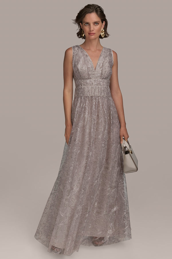 donna karan V NECK EMBROIDERED TULLE BALL GOWN SISAL