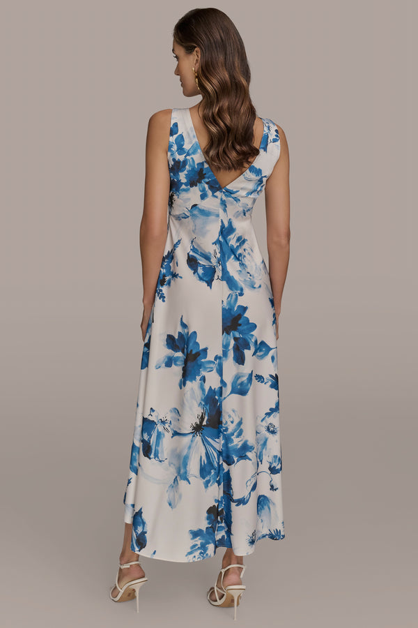 Donna Karan V-NECK FLORAL A LINE MIDI DRESS Ink Multi