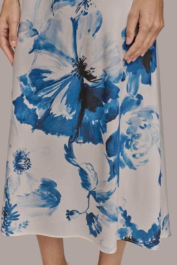 Donna Karan V-NECK FLORAL A LINE MIDI DRESS Ink Multi