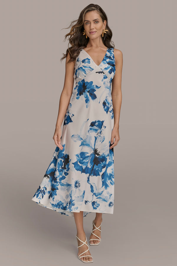 donna karan V-NECK FLORAL A LINE MIDI DRESS Ink Multi