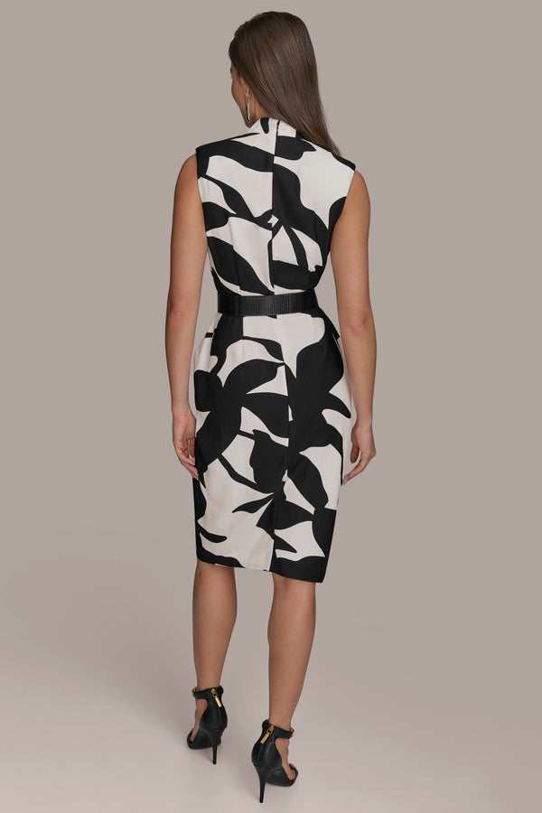 Donna Karan V NECK SHEATH DRESS WITH SLIT AND BELT BLACK/CREAM