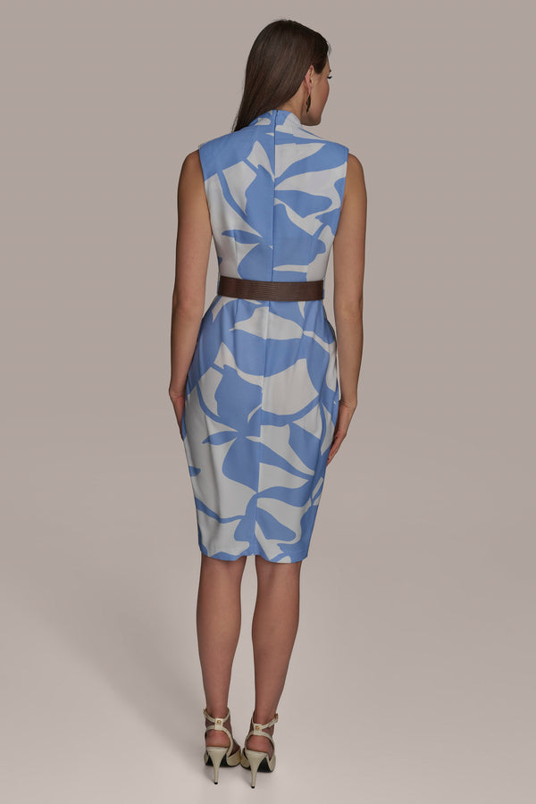 Donna Karan V NECK SHEATH WITH SLIT AND BELT CIELO/CREAM