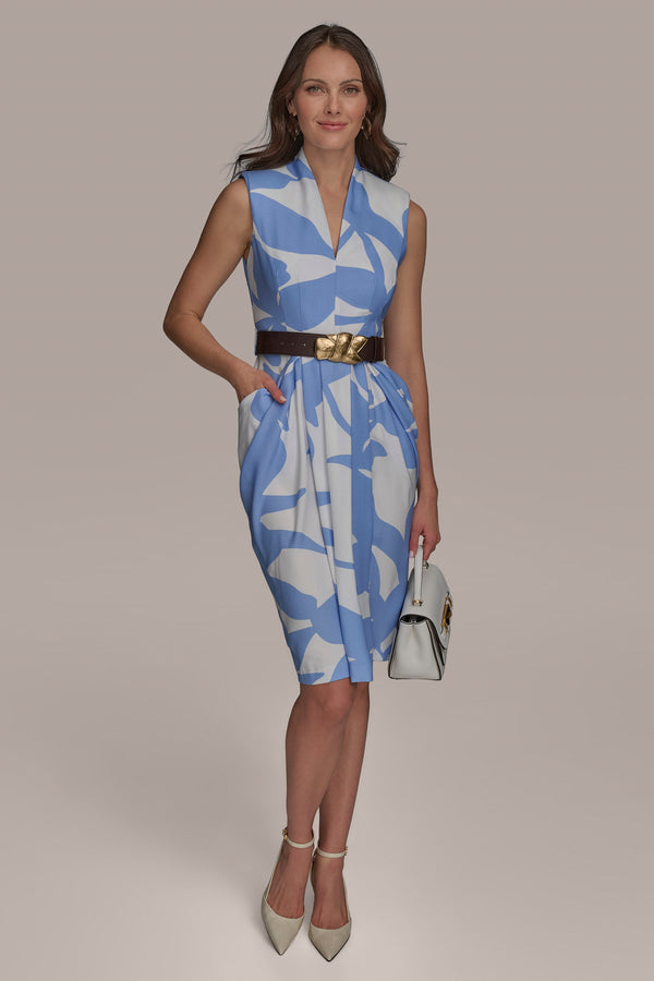 Donna Karan V NECK SHEATH WITH SLIT AND BELT CIELO/CREAM