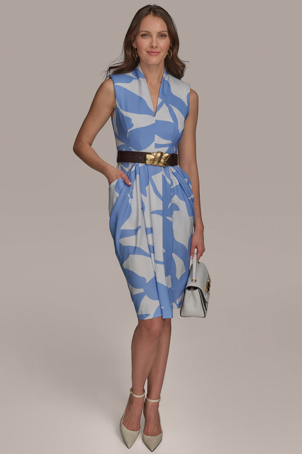 donna karan V NECK SHEATH WITH SLIT AND BELT CIELO/CREAM