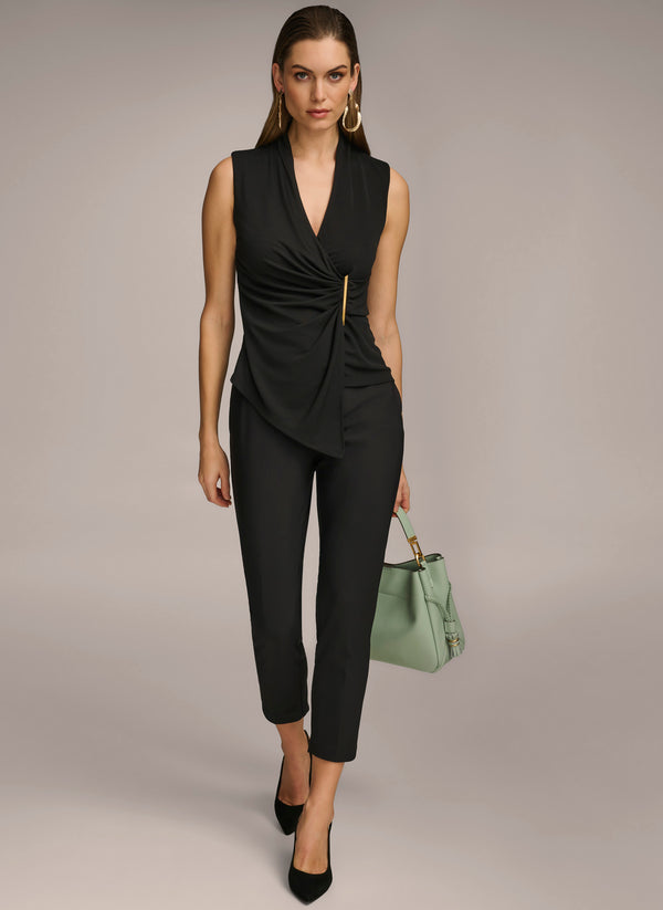 Donna Karan V NECK TOP WITH HARDWARE AND RUCHED DETAIL Black