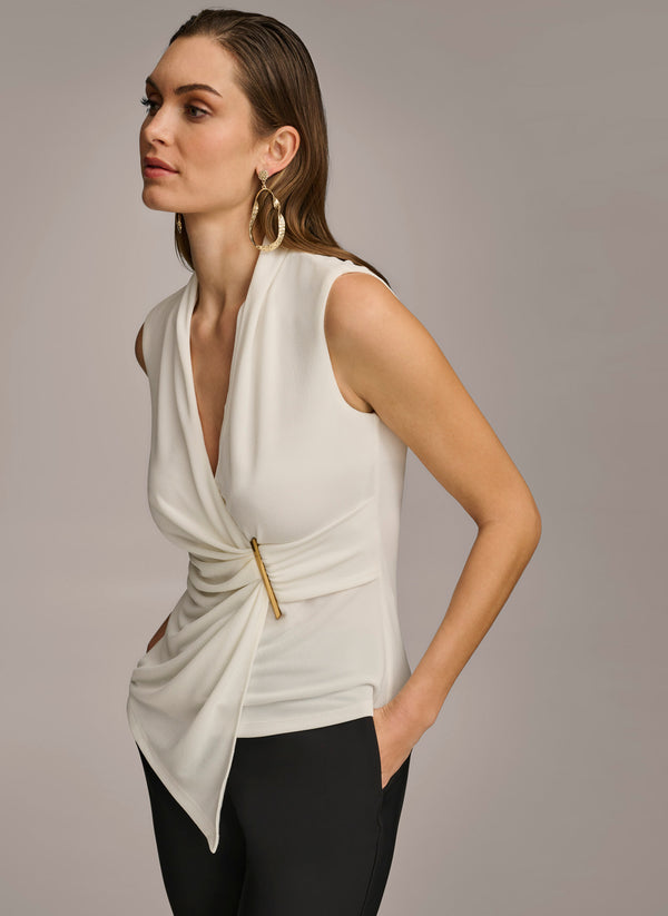 Donna Karan V NECK WITH HARDWARE AND RUCHED DETAIL Cream