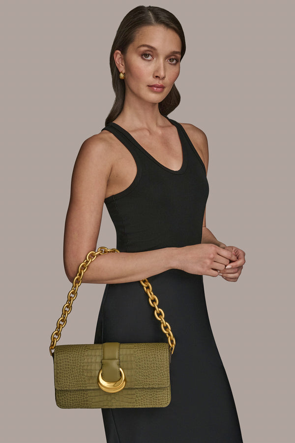 Donna Karan VALLEY STREAM CROC-EFFECT SHOULDER BAG Smoky Olive