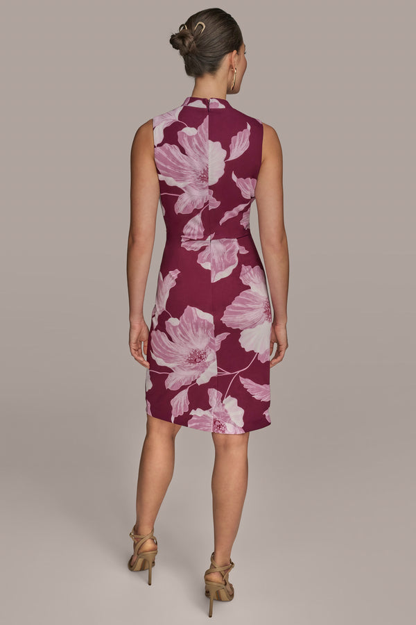 Donna Karan WRAP-EFFECT CHAIN-BELTED SHEATH DRESS Prune/Wisteria Multi