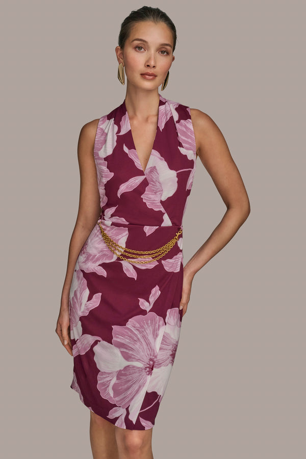 Donna Karan WRAP-EFFECT CHAIN-BELTED SHEATH DRESS Prune/Wisteria Multi