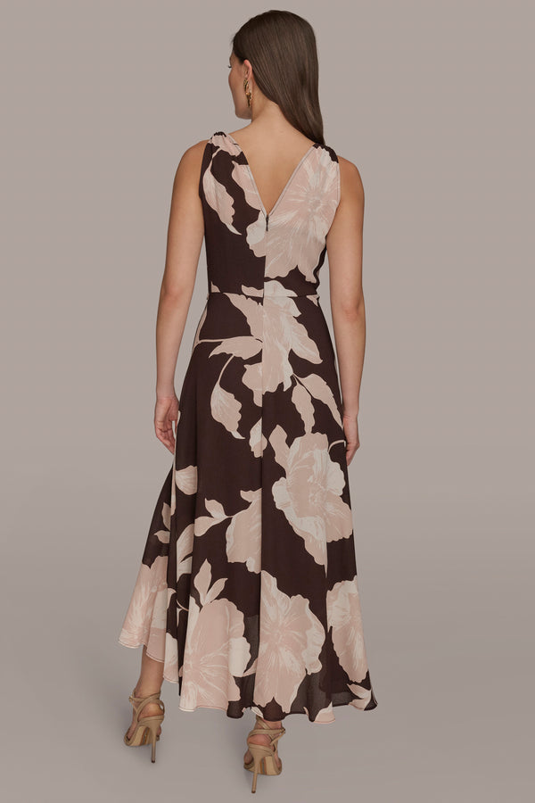 Donna Karan WRAP-EFFECT FLORAL GATHERED MIDI DRESS Chocolate Plum/shadow Pink