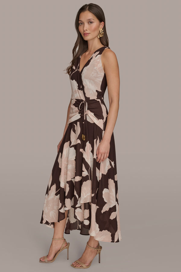 Donna Karan WRAP-EFFECT FLORAL GATHERED MIDI DRESS Chocolate Plum/shadow Pink