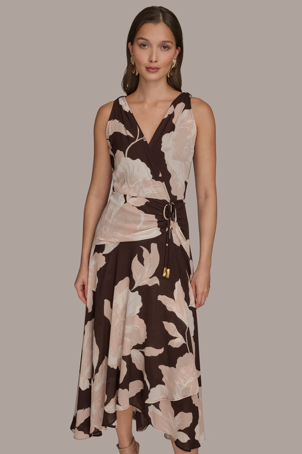 Donna Karan WRAP-EFFECT FLORAL GATHERED MIDI DRESS Chocolate Plum/shadow Pink