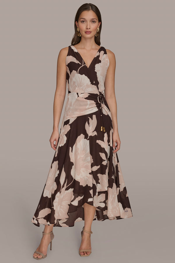 donna karan WRAP-EFFECT FLORAL GATHERED MIDI DRESS chocolate plum/shadow pink