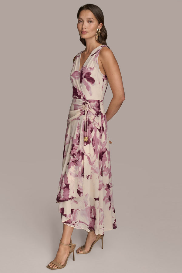 Donna Karan WRAP EFFECT FLORAL MIDI DRESS Wisteria Multi