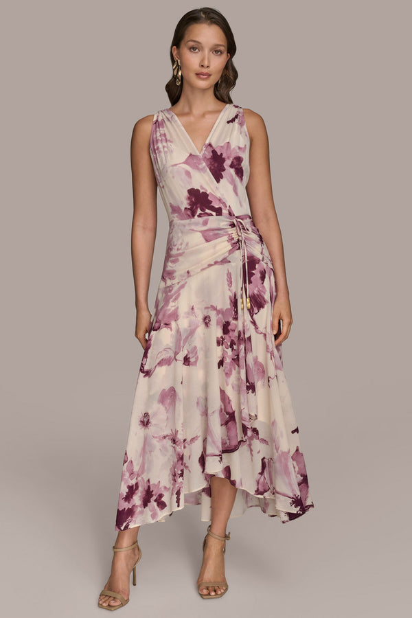 donna karan WRAP EFFECT FLORAL MIDI DRESS Wisteria Multi