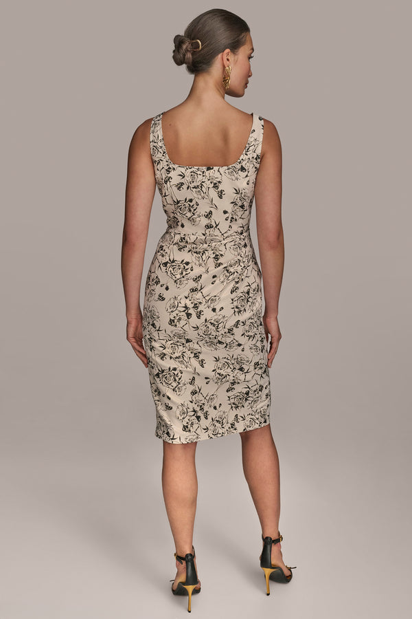 Donna Karan WRAP-EFFECT FLORAL SHEATH DRESS Black/Cream
