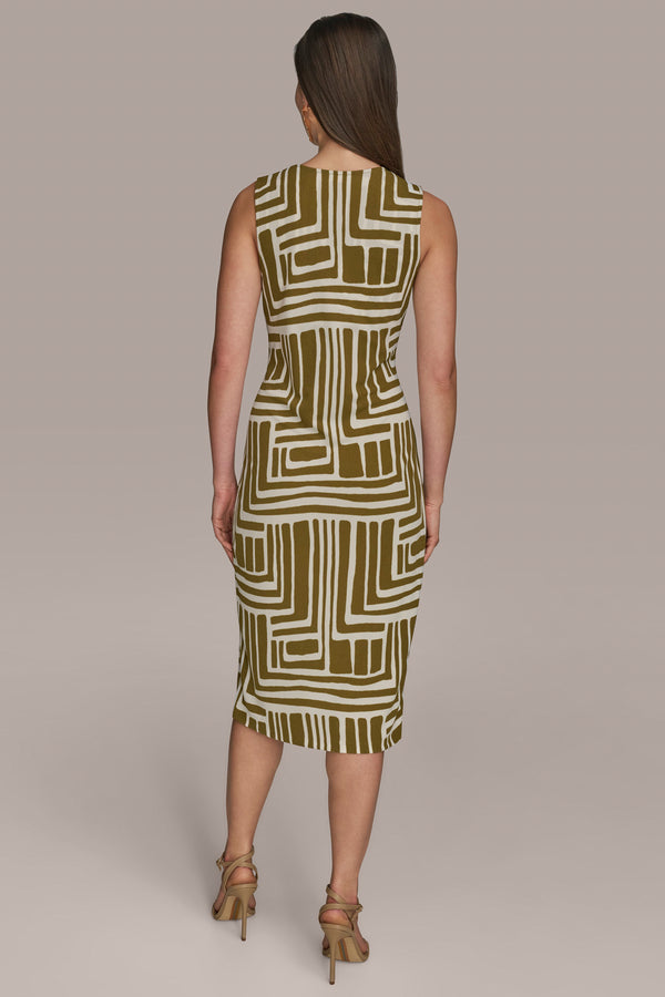 Donna Karan WRAP-EFFECT MIDI SHEATH DRESS Smoky Olive/Cream