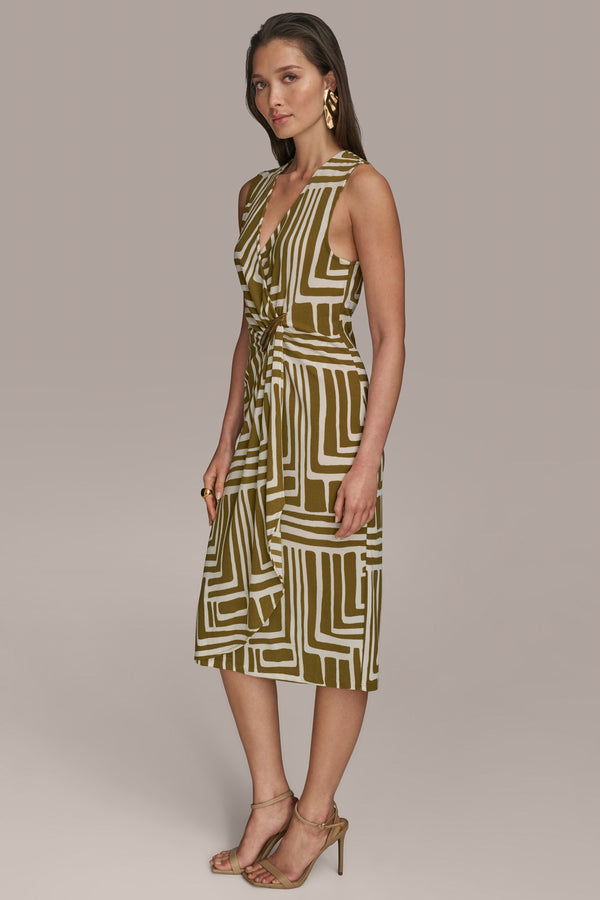 Donna Karan WRAP-EFFECT MIDI SHEATH DRESS Smoky Olive/Cream