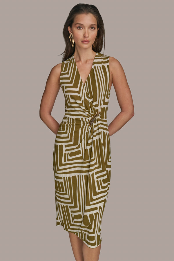 Donna Karan WRAP-EFFECT MIDI SHEATH DRESS Smoky Olive/Cream