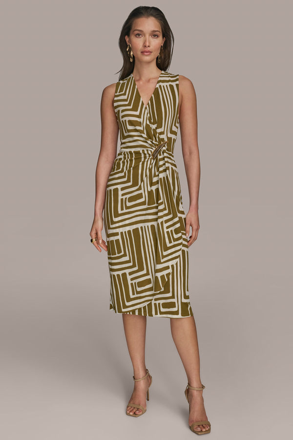 donna karan WRAP-EFFECT MIDI SHEATH DRESS Smoky Olive/Cream