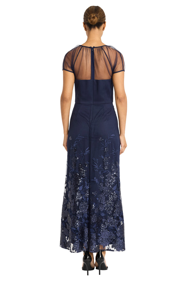 Donna Morgan CAP SLEEVE DRAPED MAXI DRESS FLORAL ILLUSION GOWN