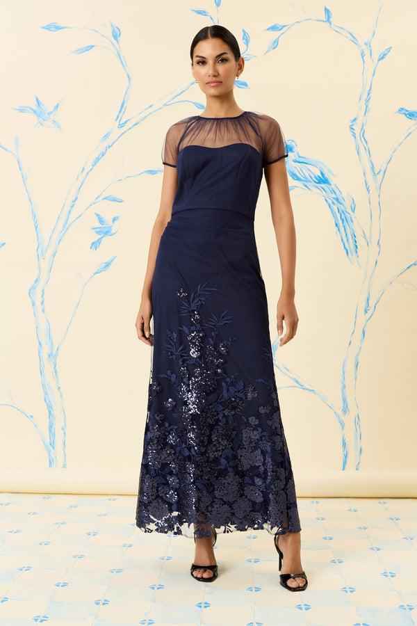 Donna Morgan CAP SLEEVE DRAPED MAXI DRESS FLORAL ILLUSION GOWN