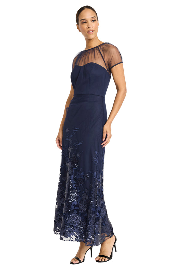 Donna Morgan CAP SLEEVE DRAPED MAXI DRESS FLORAL ILLUSION GOWN