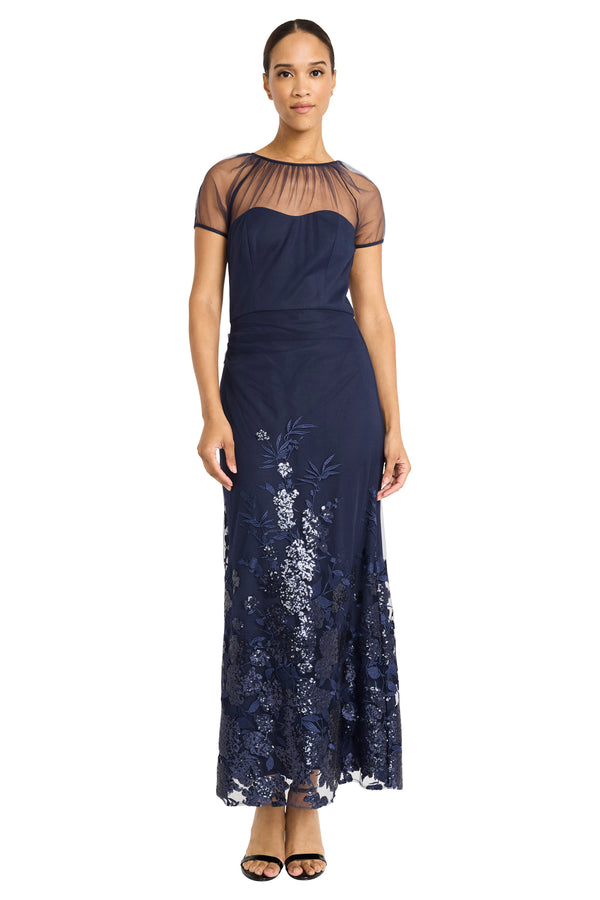 donna morgan CAP SLEEVE DRAPED MAXI DRESS FLORAL ILLUSION GOWN