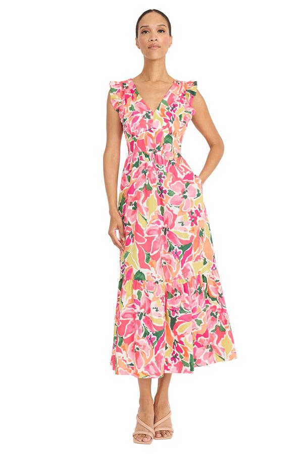 donna morgan COTTON FLORAL RUFFLE SLV DRESS