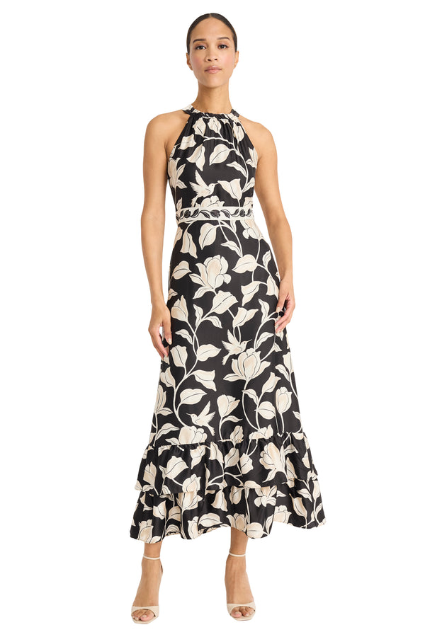donna morgan HIGH NECK RUFFLED MAXI DRESS