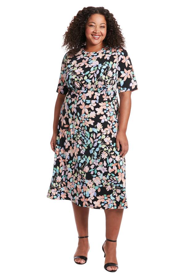 donna morgan INSET WAIST MIDI SHORT SLEEVE