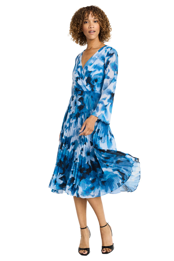 Donna Morgan LONG SLEEVE PLEATED MIDI DRESS