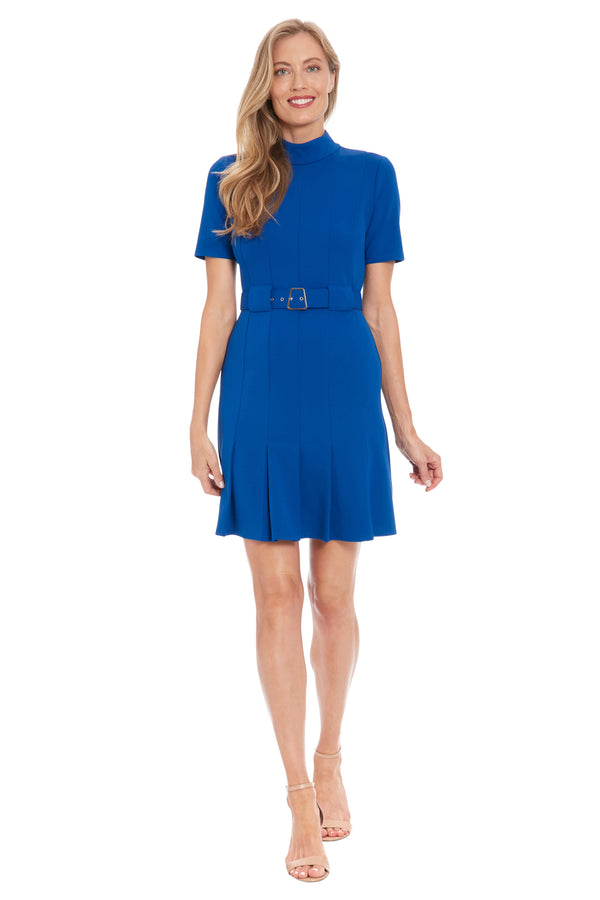 Donna Morgan Mock Neck Belted Pleated Dress