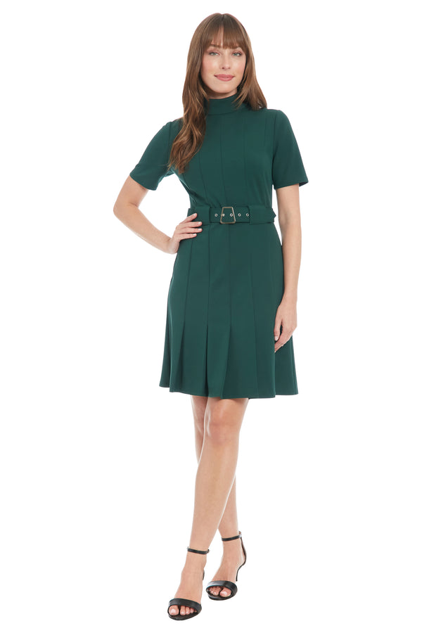 donna morgan Mock Neck Belted Pleated Dress