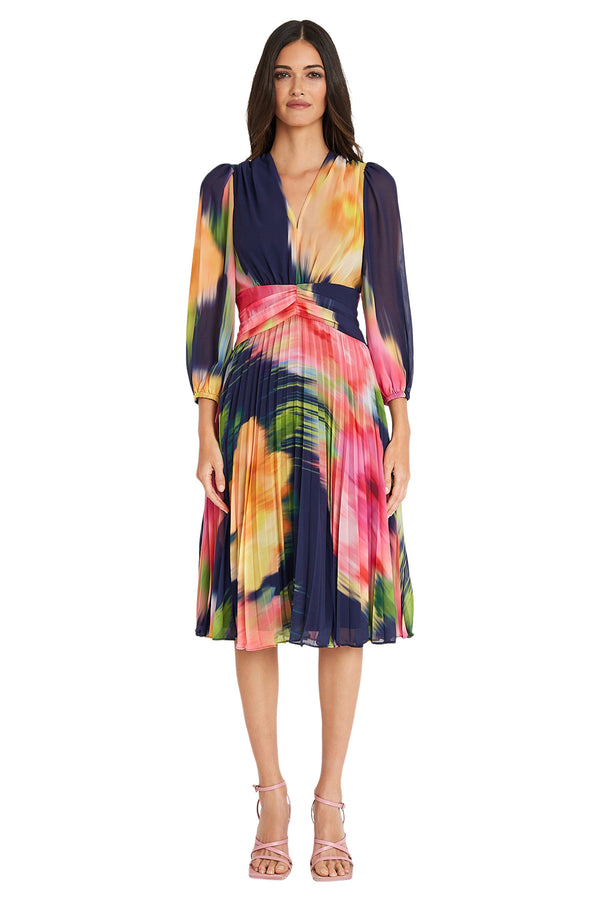 donna morgan PLEATED LONG SLEEVE MIDI DRESS