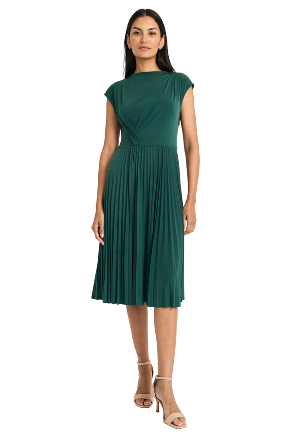 donna morgan PLEATED MIDI DRESS W/ DRAPED BODICE