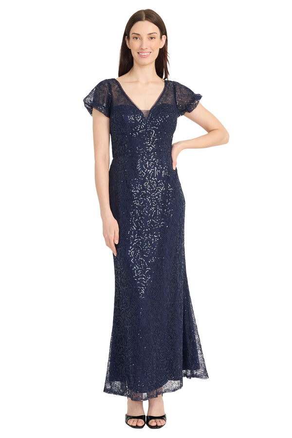 donna morgan PUFF SLEEVE FIT AND FLARE GOWN