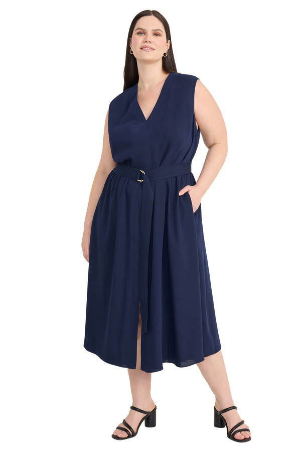 donna morgan SLEEVELESS V-NECK BELTED MIDI