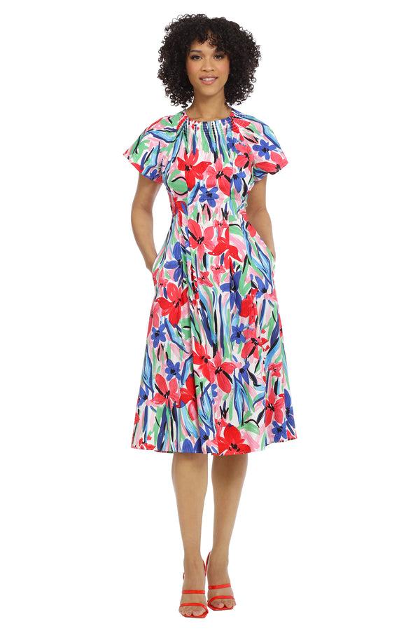 donna morgan SMOCKED NECK FIT & FLARE