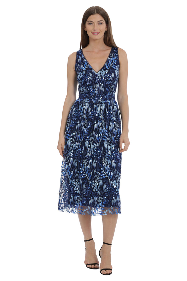 donna morgan V-NECK MIDI COCKTAIL DRESS