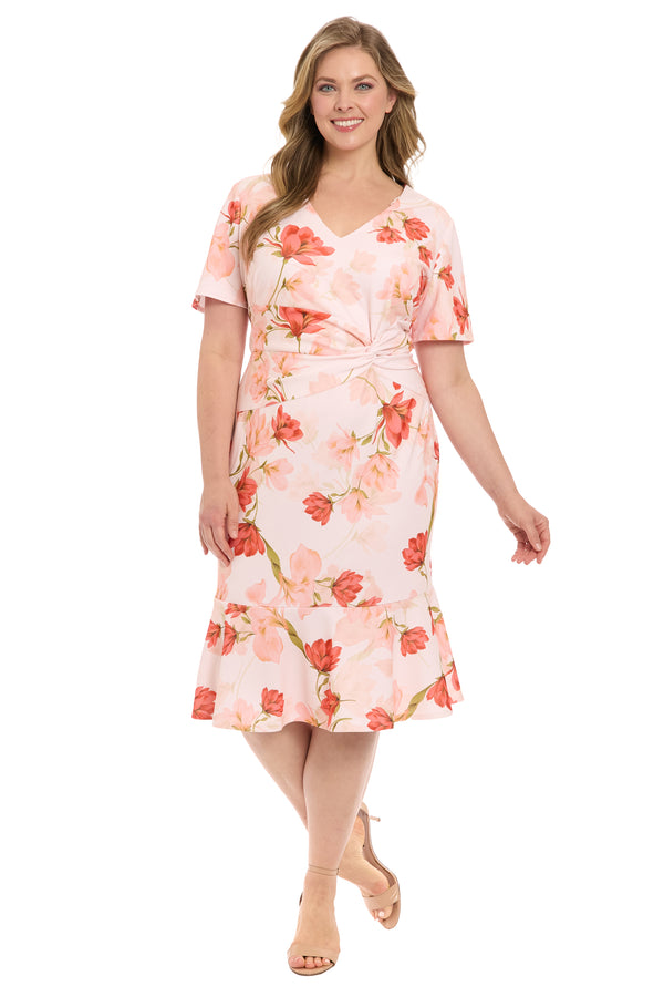 donna morgan V NECK TWIST MIDI WITH FLOUNCE