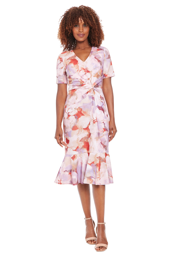 donna morgan V NECK TWIST MIDI WITH FLOUNCE