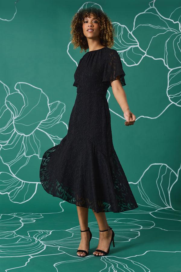 Donna Morgan FLUTTER SLEEVE ASYMMETRICAL MIDI DRESS