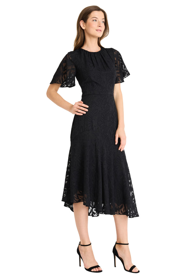 Donna Morgan FLUTTER SLEEVE ASYMMETRICAL MIDI DRESS