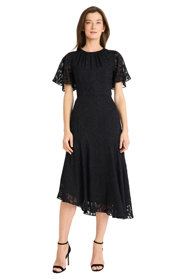 donna morgan FLUTTER SLEEVE ASYMMETRICAL MIDI DRESS