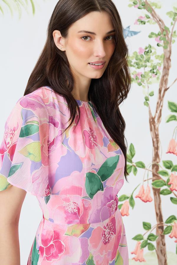 Donna Morgan FLUTTER SLEEVE YOKED ASYMMETRICAL MIDI SKIRT