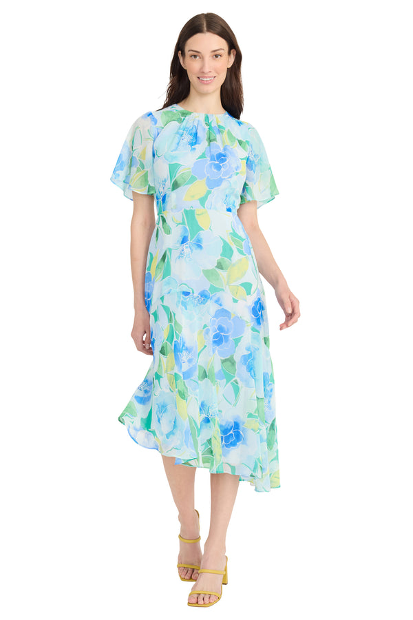 Donna Morgan FLUTTER SLEEVE YOKED ASYMMETRICAL MIDI SKIRT