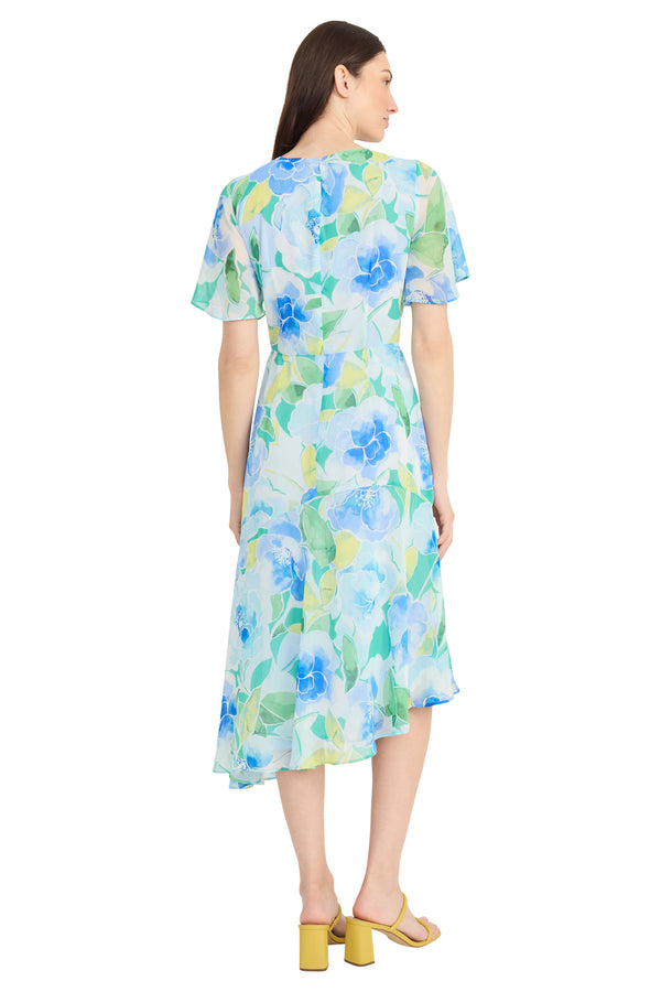 Donna Morgan FLUTTER SLEEVE YOKED ASYMMETRICAL MIDI SKIRT